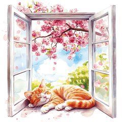 "Ginger Cat on the Windowsill" Postcard (26-2) (AI)
