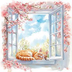 "Ginger Cat on the Windowsill" Postcard (26-4) (AI)