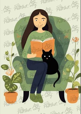 With a black cat and a book