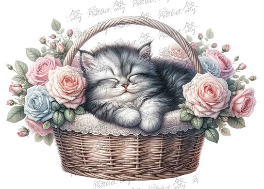 Kitten in a basket (1) (designer paper, silver)