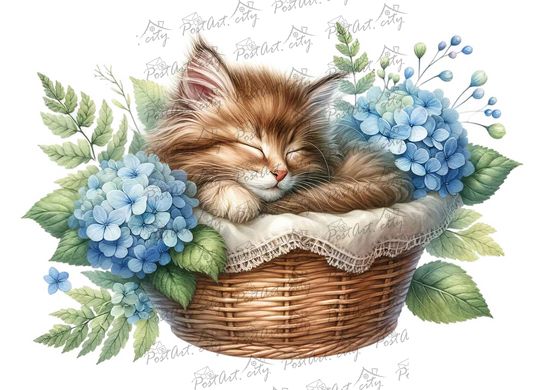Kitten in a basket (3) (designer paper, silver)