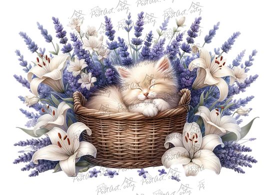 Kitten in a basket (6) (designer paper, silver)
