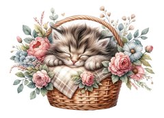 Kitten in a basket (8) (designer paper, silver)