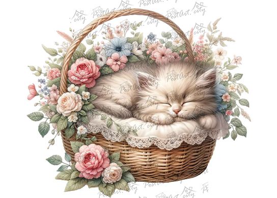 Kitten in a basket (9) (designer paper, silver)