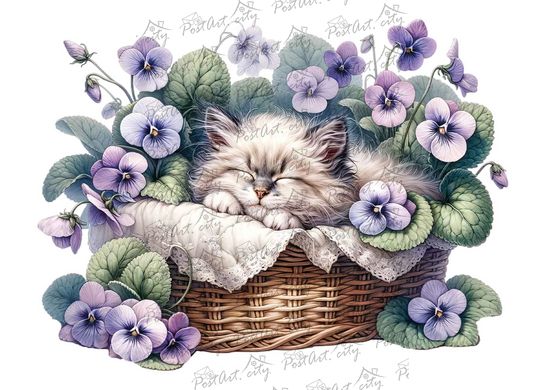 Kitten in a basket (11) (designer paper, silver)