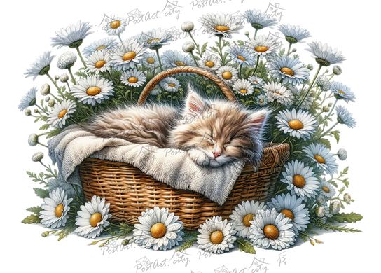 Kitten in a basket (13) (designer paper, silver)